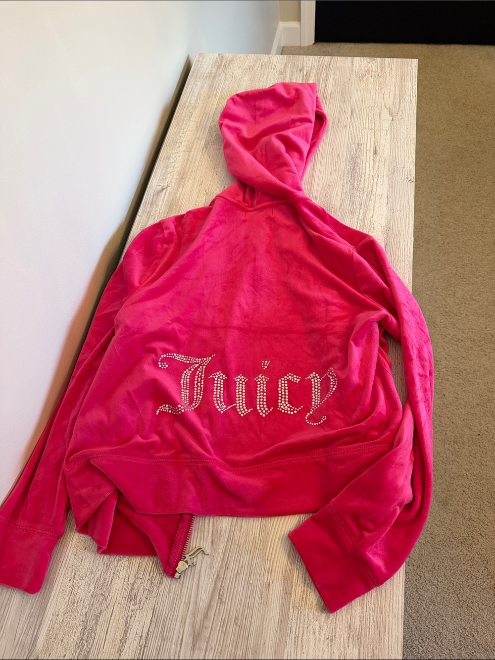 NWT Juicy Couture Bright Pink Velour Hoodie with Rhinestone 'Juicy' Back Bling